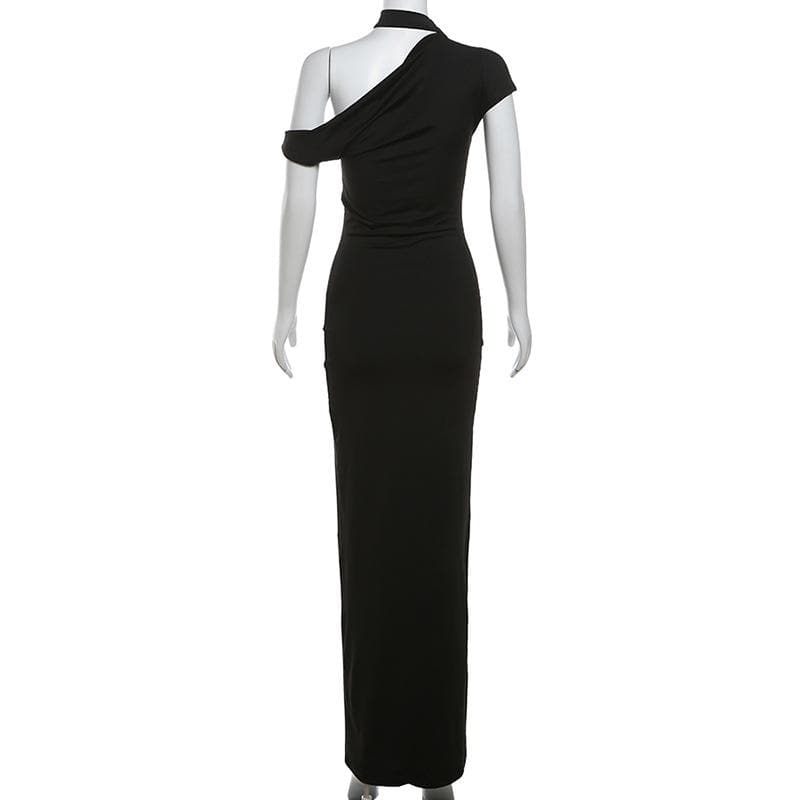 Short sleeve halter one shoulder irregular maxi dress  | Festival Outfits Women
