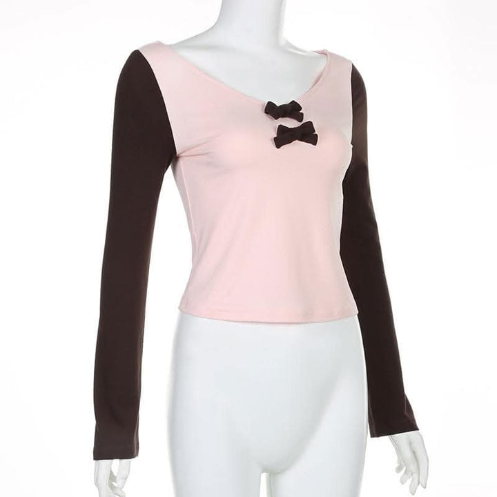 Bowknot contrast patchwork long sleeve v neck top-final-sale  | Festival Outfits Women