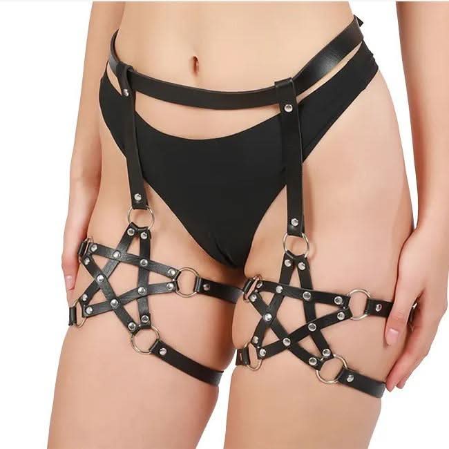 Black o ring PU leather metal chain garter belt  | Festival Outfits Women