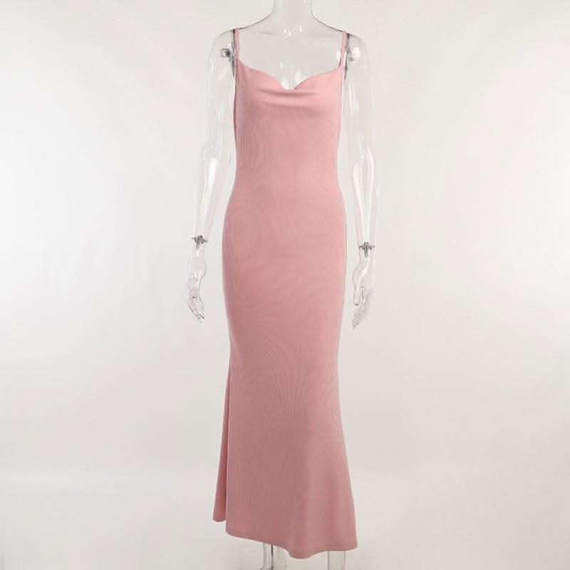 Sleeveless solid ribbed cowl neck backless ruffle maxi dress-final-sale  | Festival Outfits Women