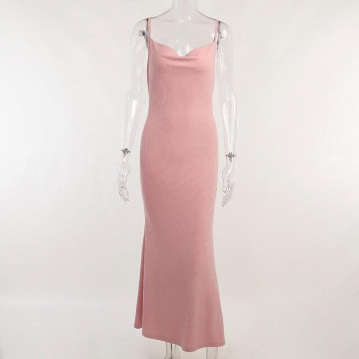 Sleeveless solid ribbed cowl neck backless ruffle maxi dress-final-sale  | Festival Outfits Women