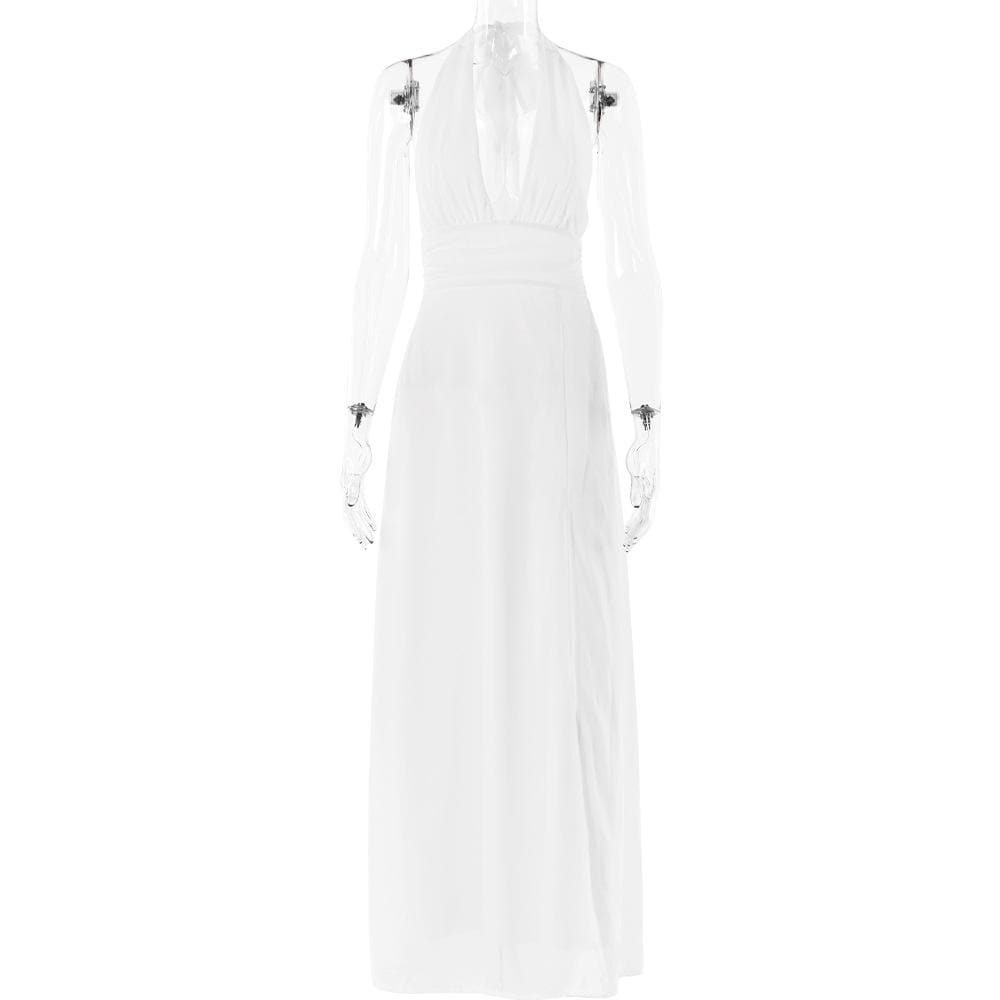 Halter deep v neck ruched high slit maxi dress  | Festival Outfits Women