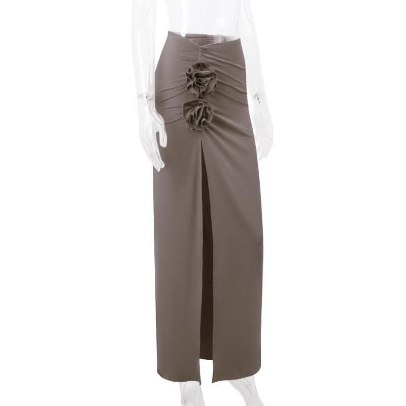 Ruched high slit flower applique irregular solid maxi skirt-final-sale  | Festival Outfits Women