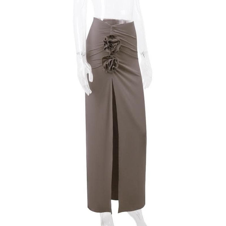 Ruched high slit flower applique irregular solid maxi skirt-final-sale  | Festival Outfits Women