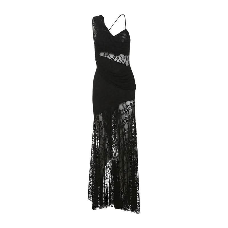 Irregular lace ruched solid cami maxi dress-final-sale