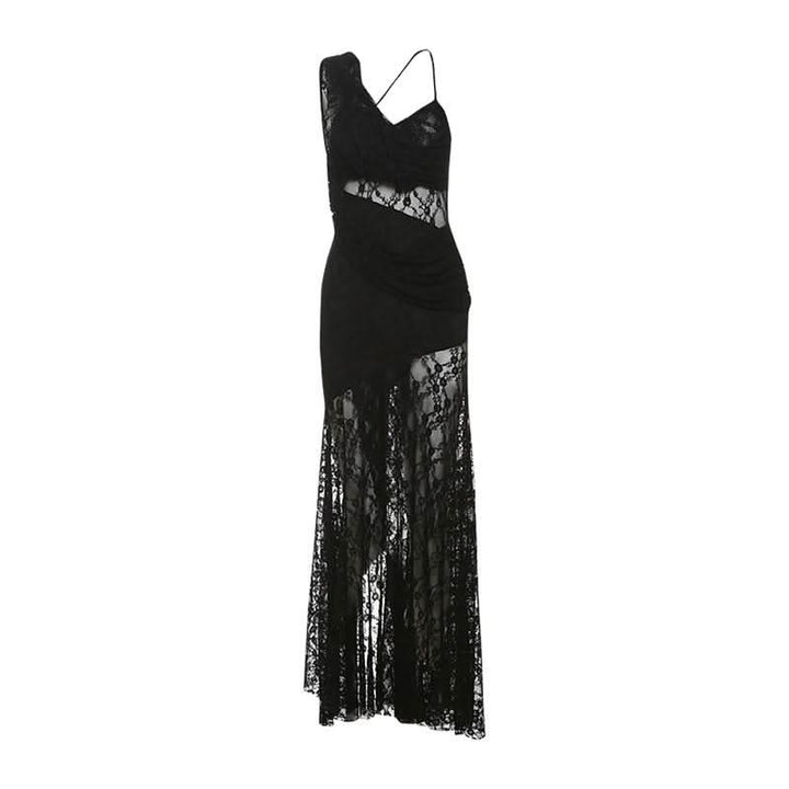Irregular lace ruched solid cami maxi dress-final-sale