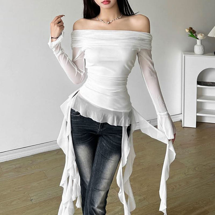 Long flared sleeve off shoulder mesh ruffle solid top  | Festival Outfits Women