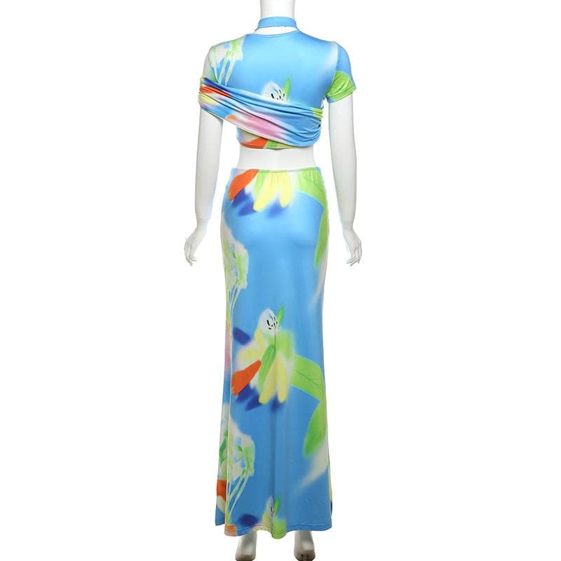 Short sleeve ruched contrast print maxi skirt set-final-sale  | Festival Outfits Women