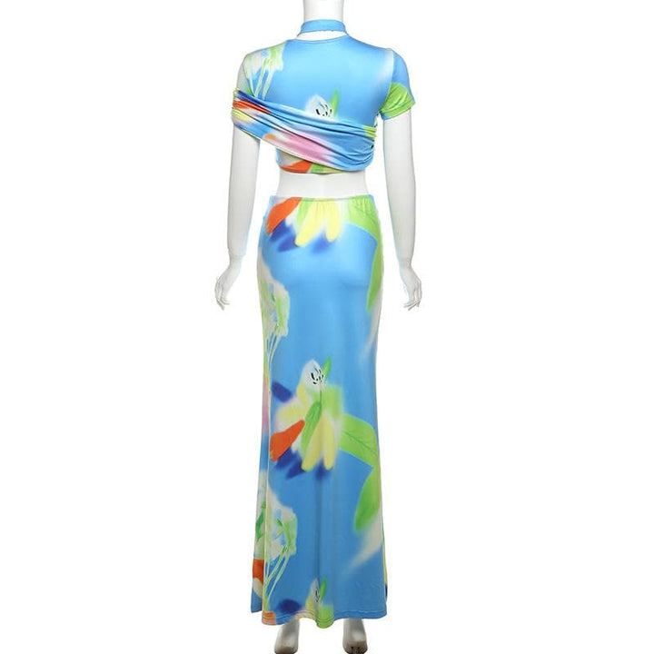 Short sleeve ruched contrast print maxi skirt set-final-sale  | Festival Outfits Women
