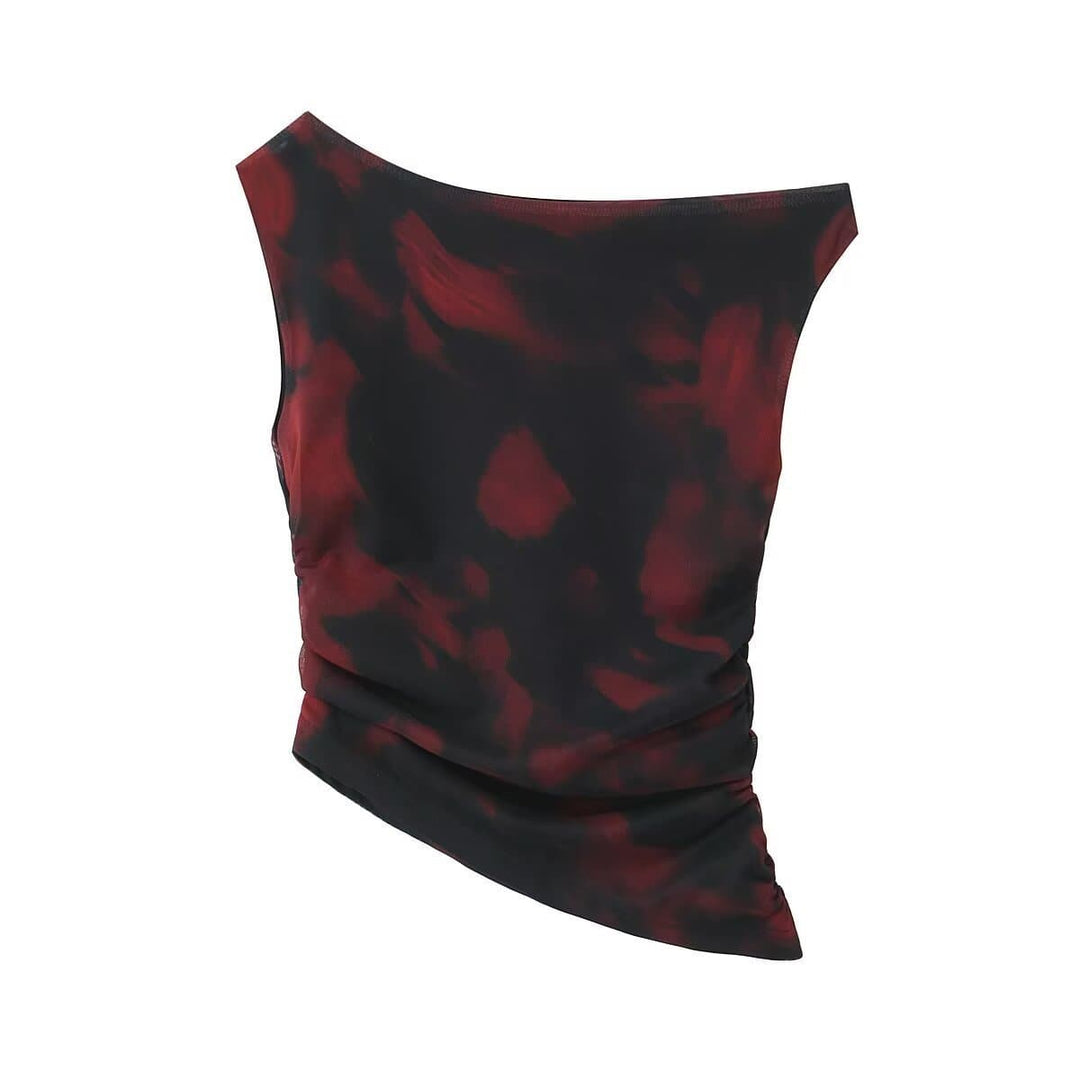 Irregular print ruched one shoulder contrast top  | Festival Outfits Women