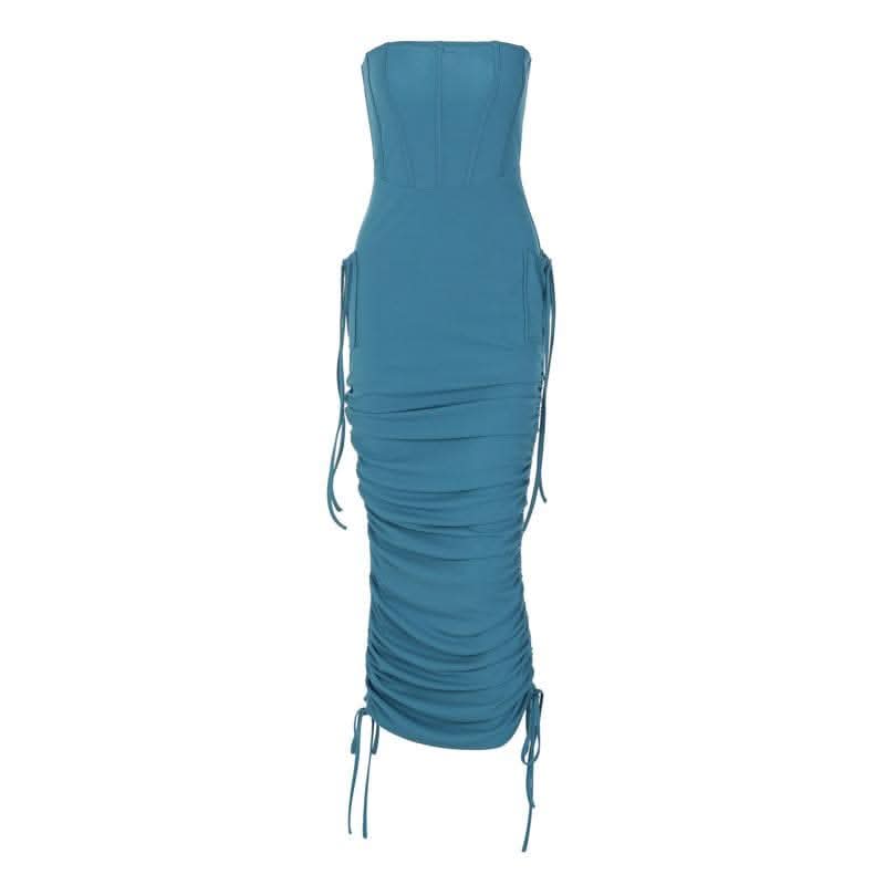 Ruched backless solid drawstring tube midi dress-final-sale  | Festival Outfits Women