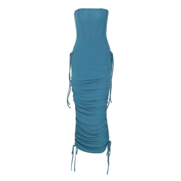 Ruched backless solid drawstring tube midi dress-final-sale  | Festival Outfits Women