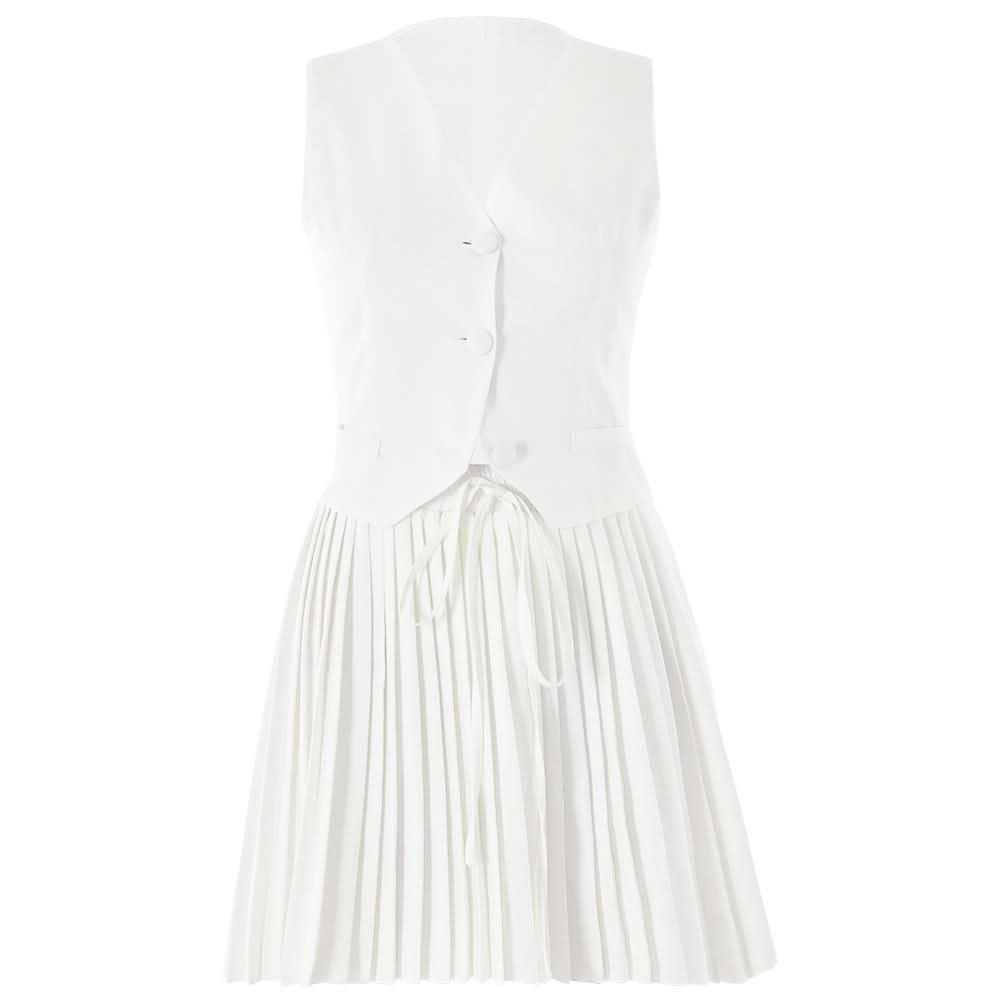 Pleated deep V neck button self tie solid mini skirt set  | Festival Outfits Women