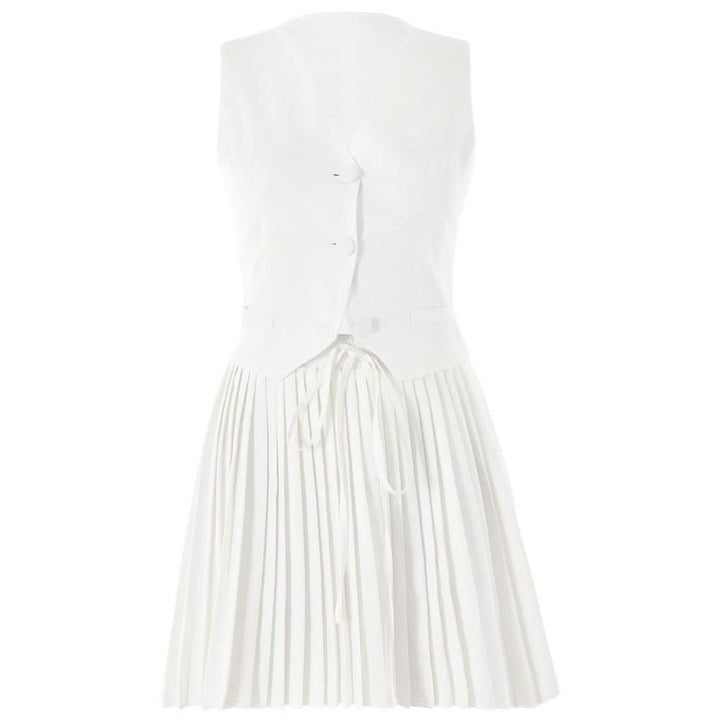 Pleated deep V neck button self tie solid mini skirt set  | Festival Outfits Women