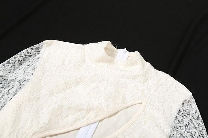 Lace solid long flared sleeve hollow out high neck ruffle mini dress-final-sale  | Festival Outfits Women