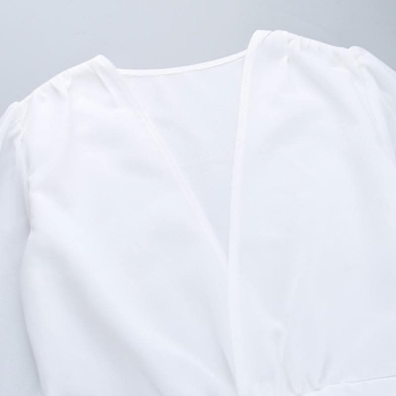 V neck long flared sleeve ruched irregular solid mini dress-final-sale  | Festival Outfits Women