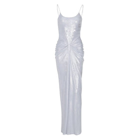 U neck metallic ruched backless cami maxi dress  | Festival Outfits Women