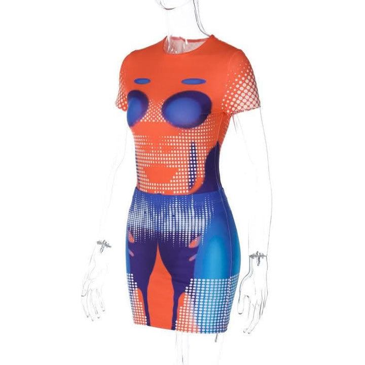 Polka dot thermal contrast short sleeve crewneck bodysuit mini skirt set-final-sale  | Festival Outfits Women