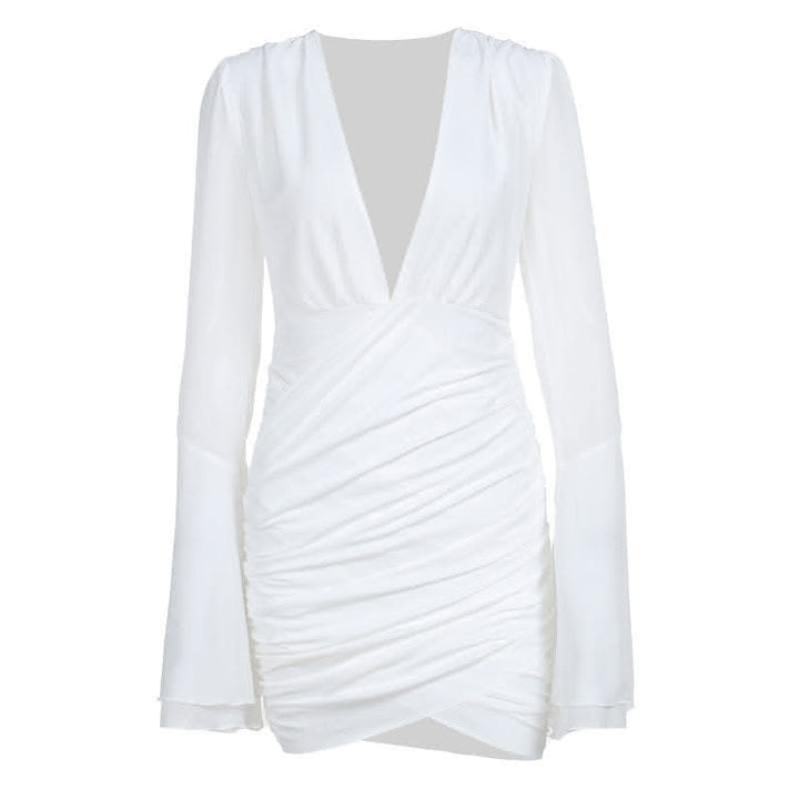V neck long flared sleeve ruched irregular solid mini dress-final-sale  | Festival Outfits Women