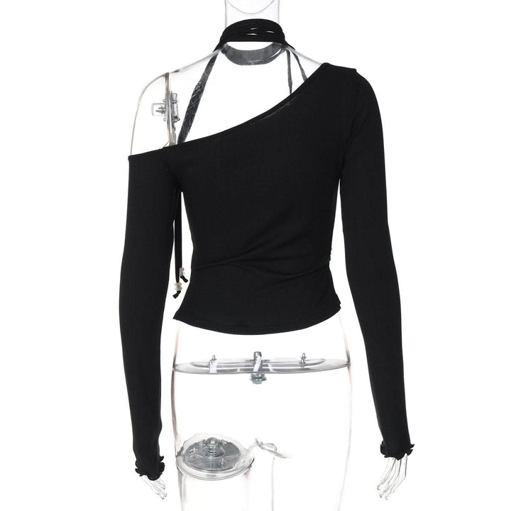 Halter one shoulder long sleeve beaded solid top  | Festival Outfits Women