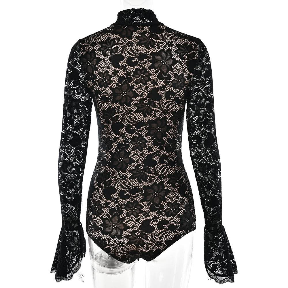 High neck long sleeve hollow out lace bodysuit  | Festival Outfits Women