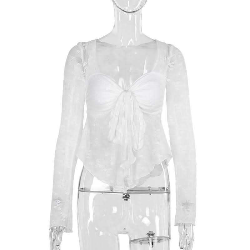 Long sleeve knotted flower pattern top  | Festival Outfits Women-final-sale