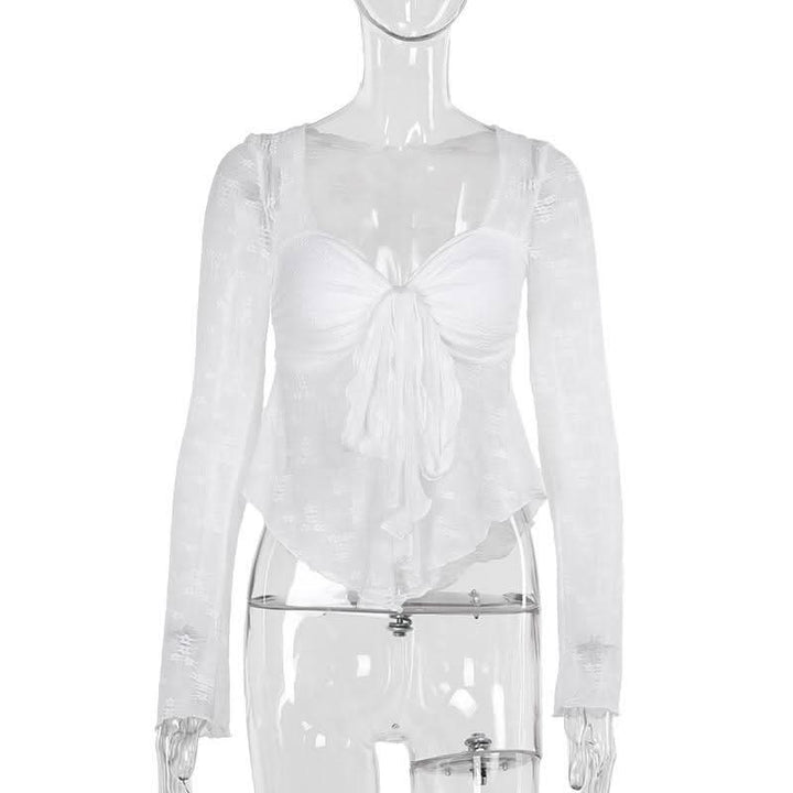 Long sleeve knotted flower pattern top  | Festival Outfits Women-final-sale