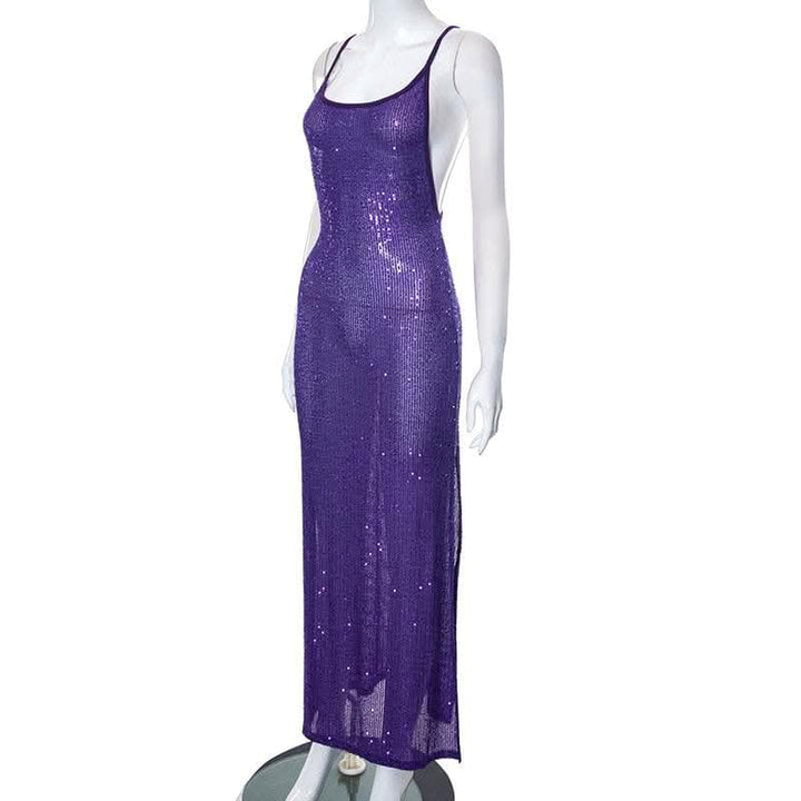 Glitter u neck see through backless cami maxi dress-final-sale  | Festival Outfits Women