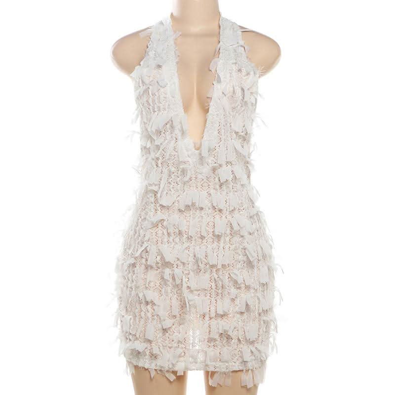 Deep V neck halter self tie backless zip-up mini dress  | Festival Outfits Women