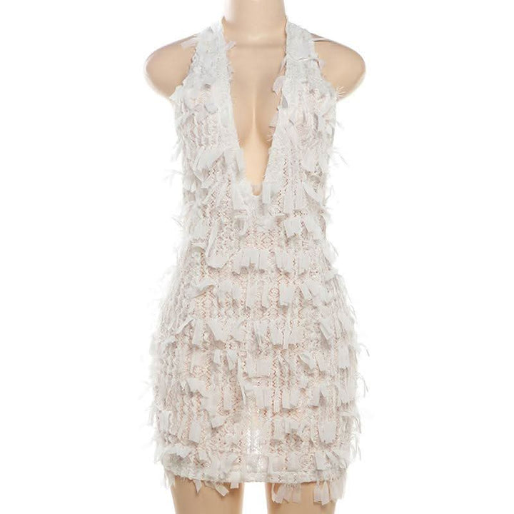 Deep V neck halter self tie backless zip-up mini dress  | Festival Outfits Women