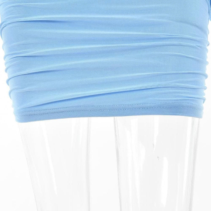 Mesh solid long sleeve ruched notch neck zip-up mini dress-final-sale  | Festival Outfits Women