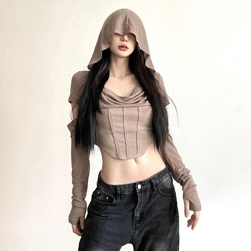 Hoodie cowl neck hollow out long sleeve corset crop cut out top-final-sale