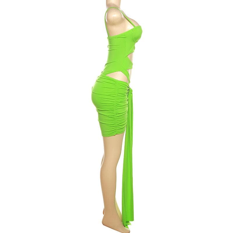 Hollow out solid ruched low cut self tie cami bodysuit mini skirt set-final-sale  | Festival Outfits Women