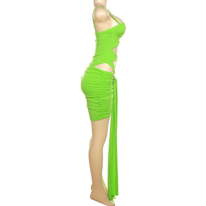 Hollow out solid ruched low cut self tie cami bodysuit mini skirt set-final-sale  | Festival Outfits Women