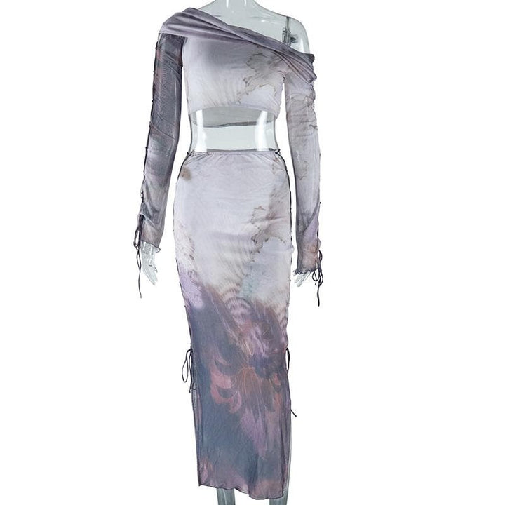 Long sleeve one shoulder lace up print ruched midi skirt set  | Festival Outfits Women