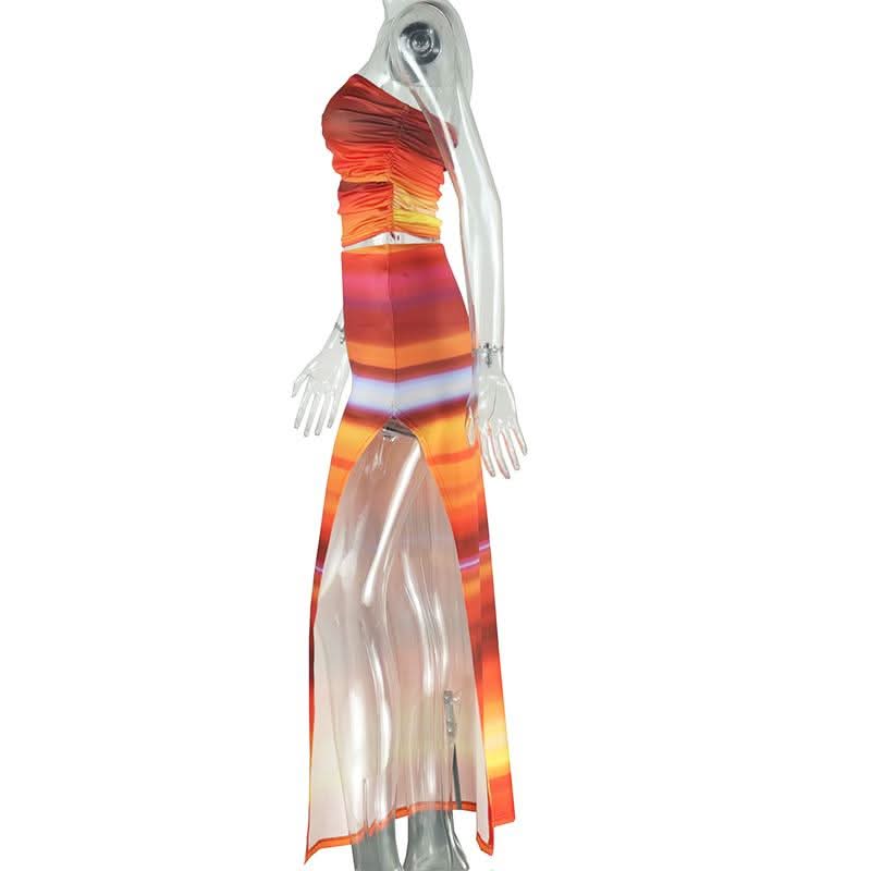 Ruched gradient striped hollow out slit maxi skirt set  | Festival Outfits Women