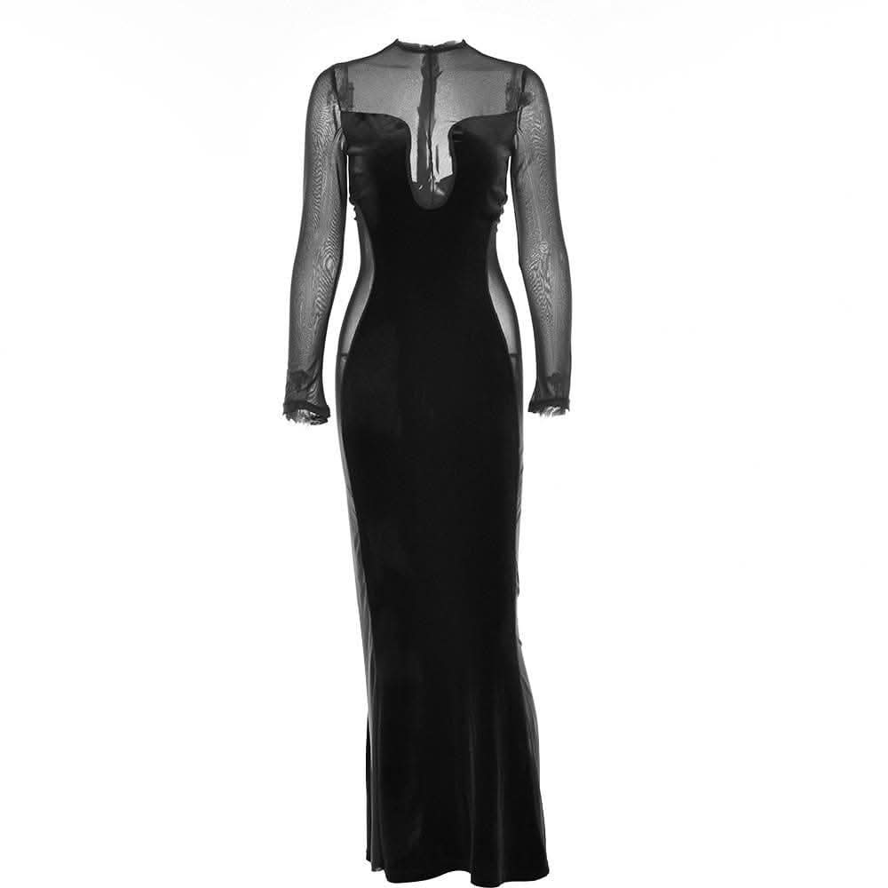 Long sleeve velvet mesh solid zip-up maxi dress-final-sale  | Festival Outfits Women