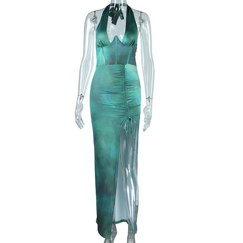 Halter corset deep v neck drawstring ruched slit maxi dress  | Festival Outfits Women