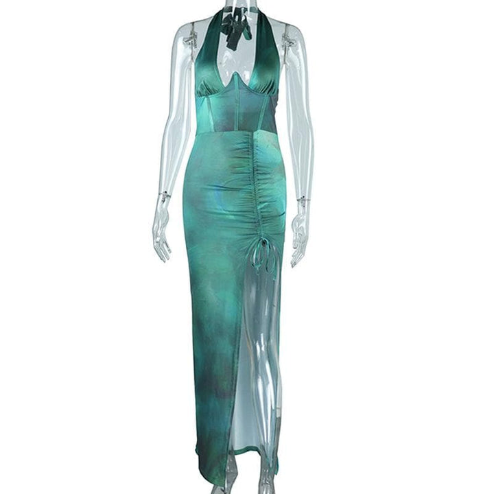 Halter corset deep v neck drawstring ruched slit maxi dress  | Festival Outfits Women