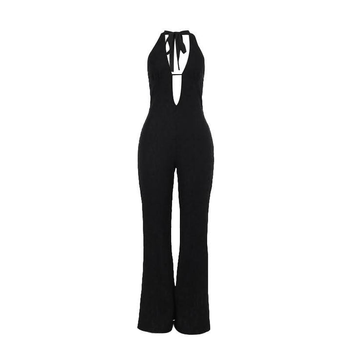 Halter self tie deep V neck lace backless jumpsuit  | Festival Outfits Women
