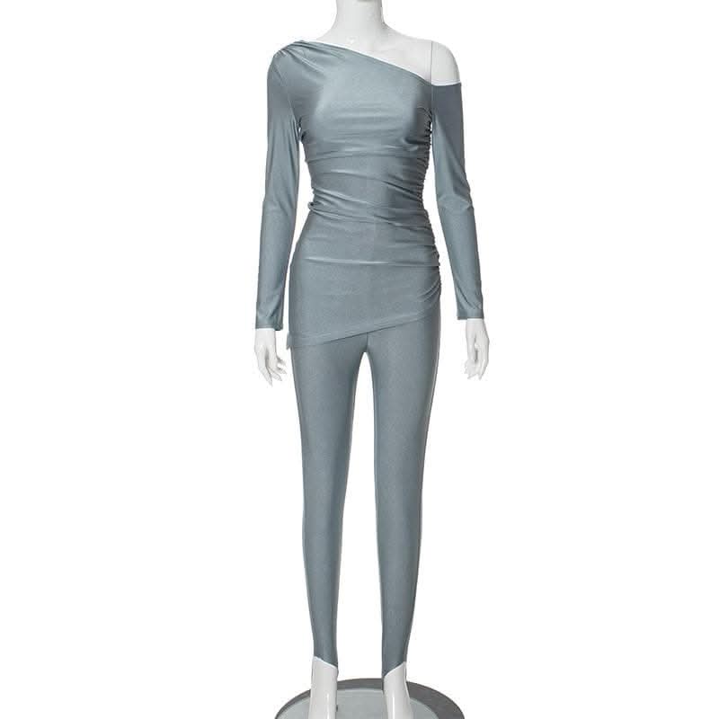 Ruched off shoulder long sleeve irregular solid pant set-final-sale  | Festival Outfits Women