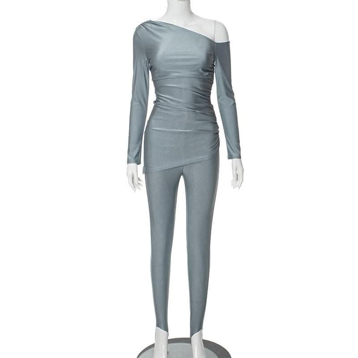 Ruched off shoulder long sleeve irregular solid pant set-final-sale  | Festival Outfits Women