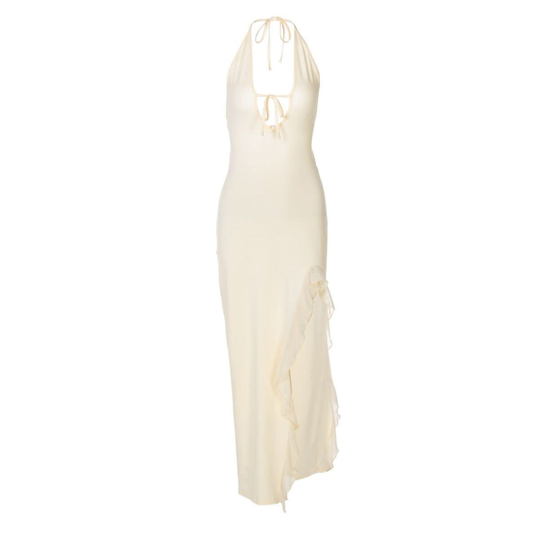 Slit halter self tie v neck ruffle solid maxi dress | Festival Outfits Halibuy Slit halter self tie v neck ruffle solid maxi dress | Festival Outfits Halibuy