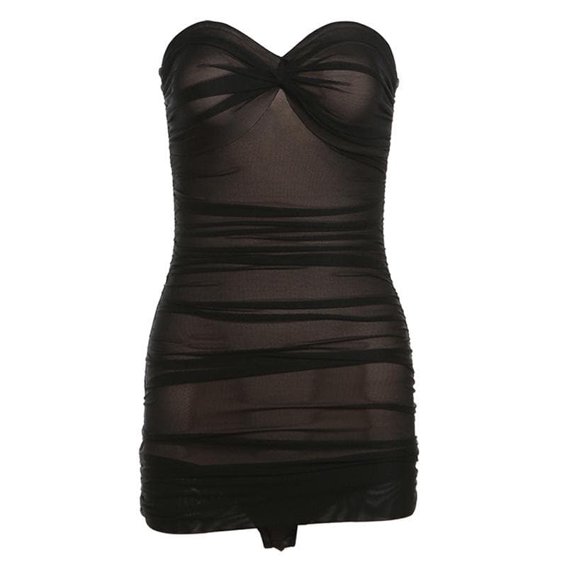 Ruched mesh patchwork solid tube mini dress  | Festival Outfits Women