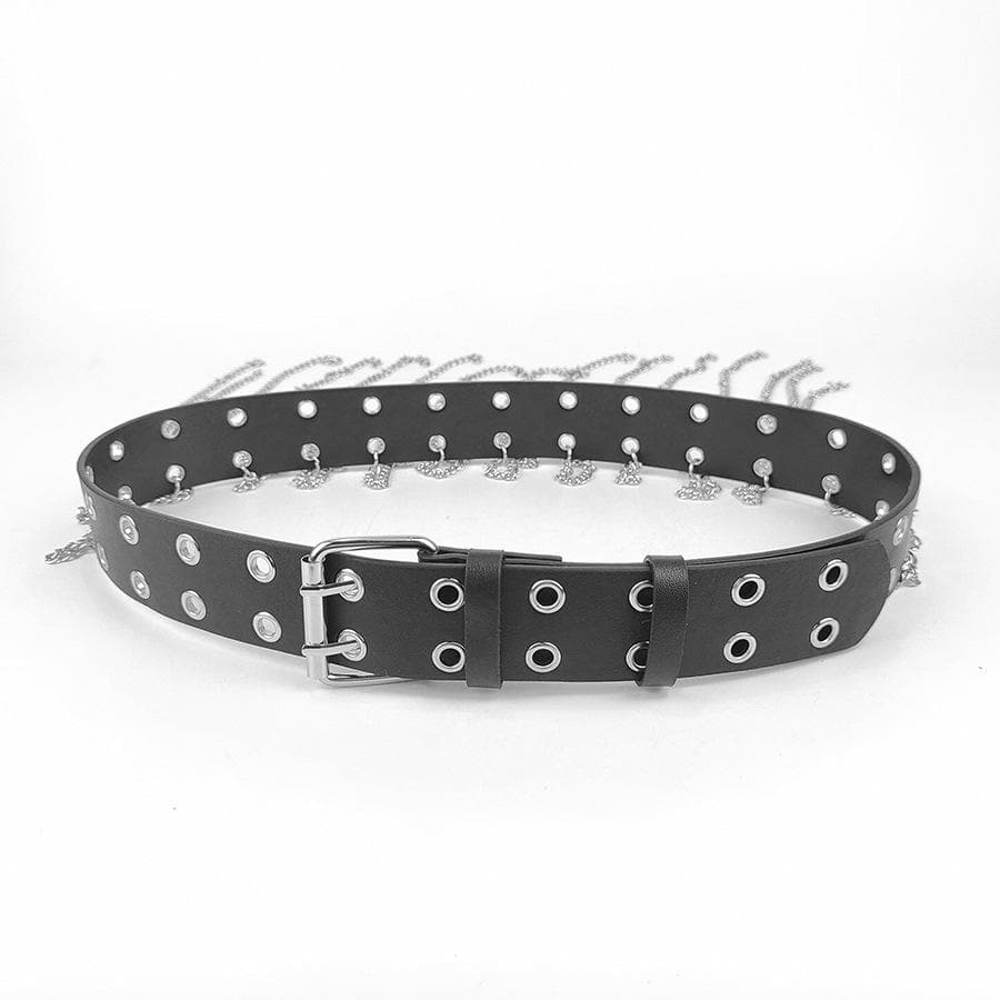 Metal chain tassel hollow out o ring PU leather belt  | Festival Outfits Women