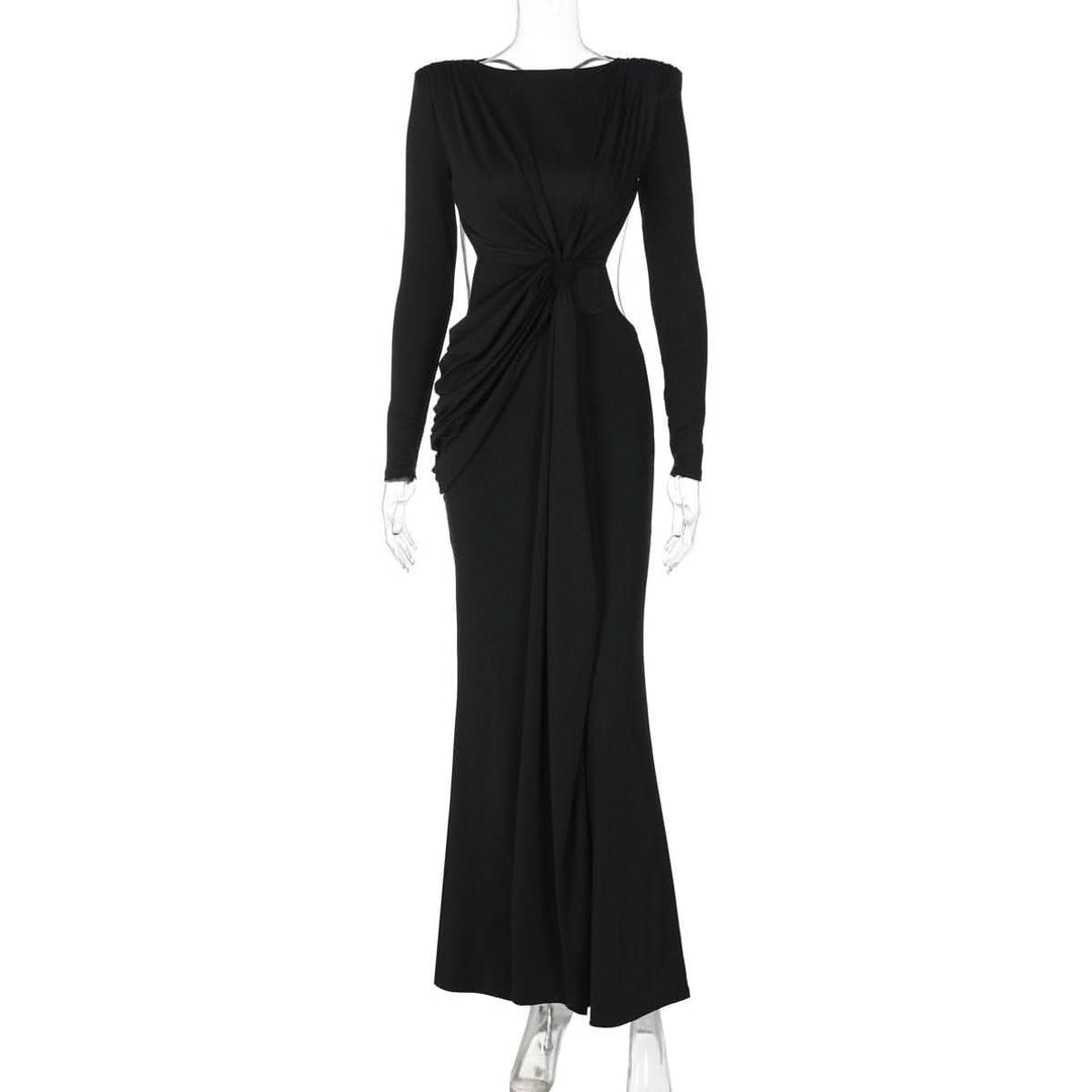 Long sleeve padded backless ruched maxi dress-final-sale  | Festival Outfits Women