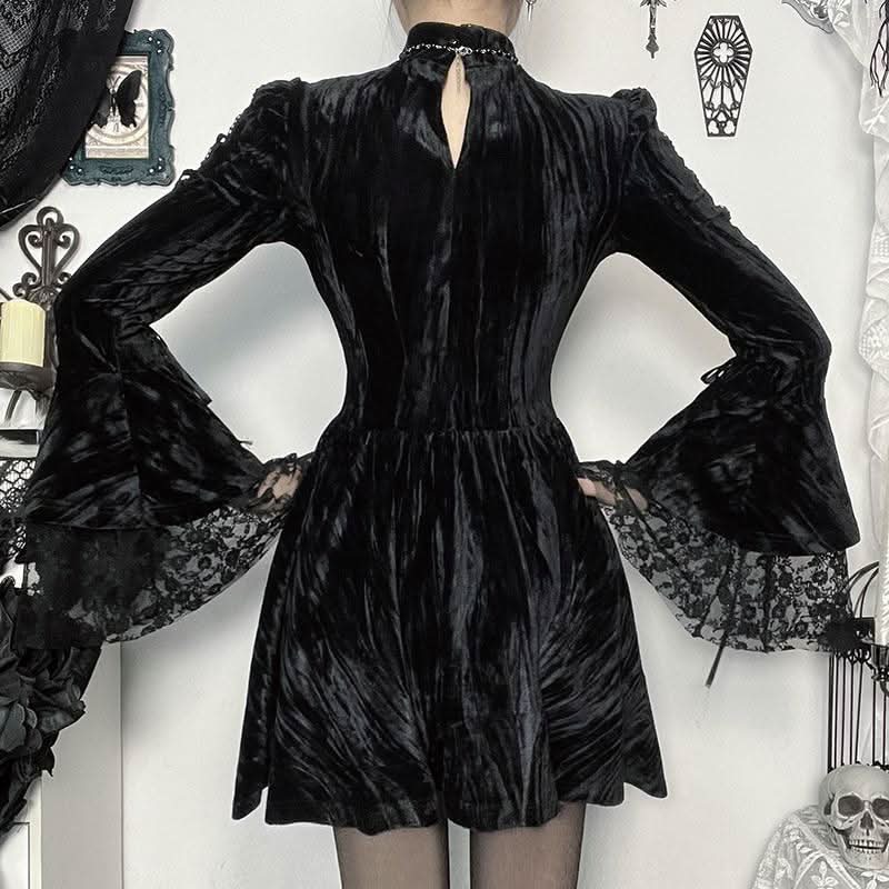 Long flared sleeve self tie velvet cross pattern mini dress  | Festival Outfits Women-final-sale