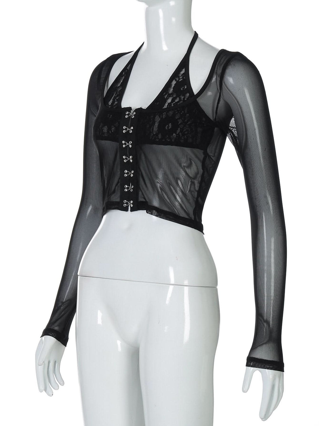 Halter long sleeve mesh lace hem button top  | Festival Outfits Women-final-sale