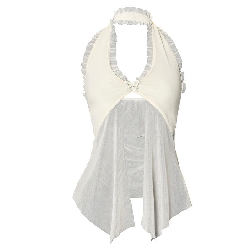 Halter lace hem ruffle butterfly embroidery mesh top  | Festival Outfits Women