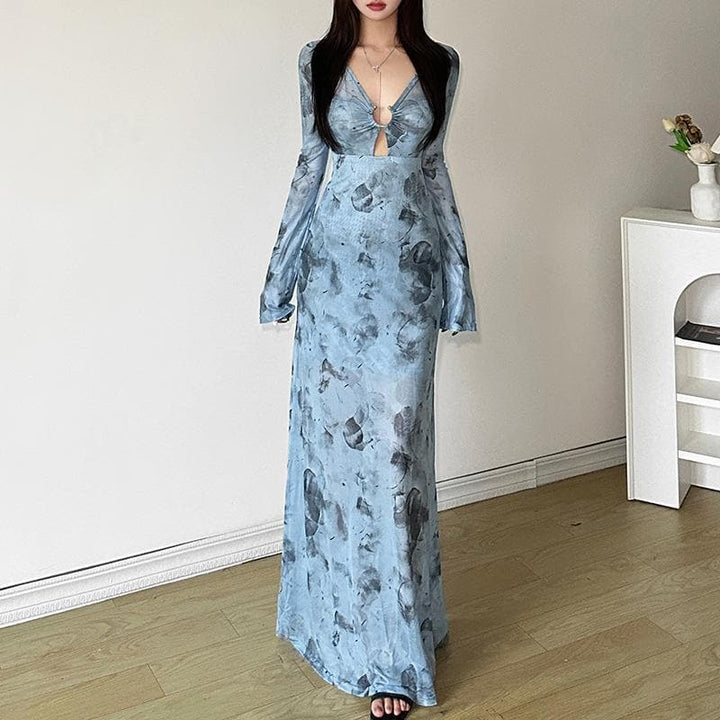 Long sleeve sheer mesh v neck print maxi dress  | Festival Outfits Women